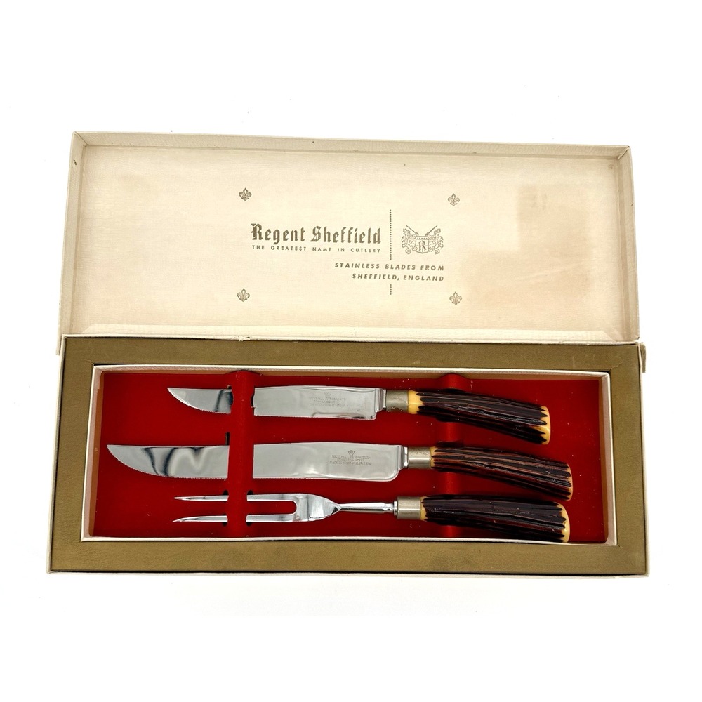 Vtg Regent Sheffield 3 Pc Carving Set Bakelite Handles Stainless Blades England